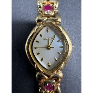 Elgin Women's Watch EG074 Quartz Mother of Pearl Dial Gold Tone Ruby Accent
